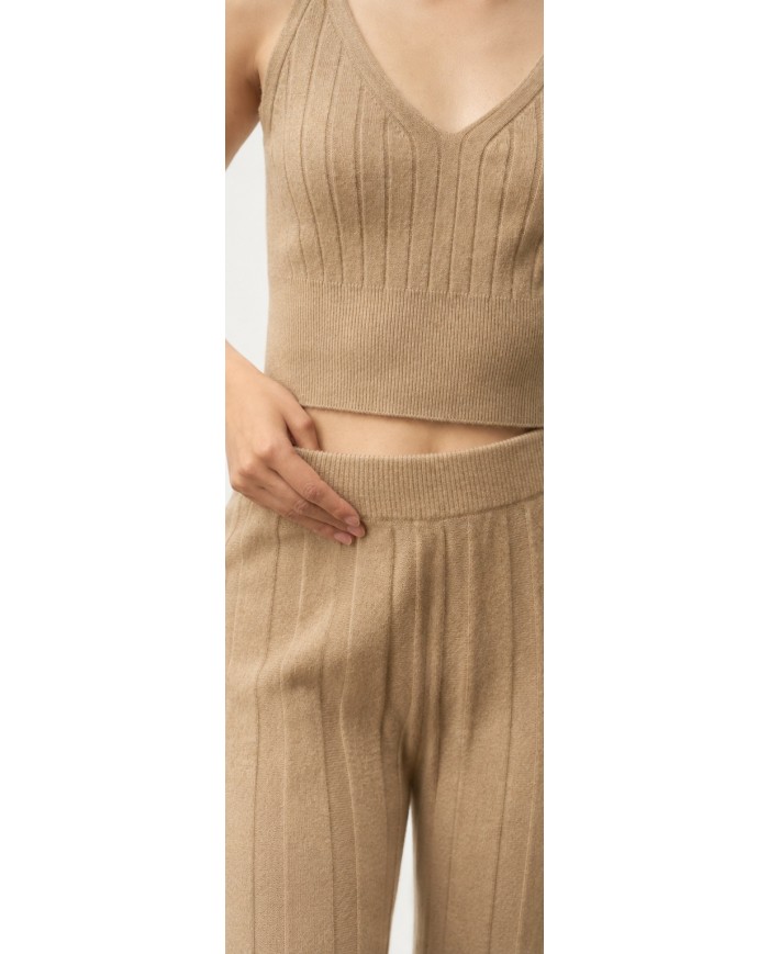 MONGOLIAN CASHMERE RIBBED BEIGE PANTS