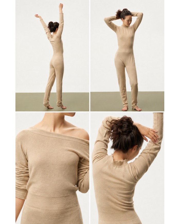 MONGOLIAN CASHMERE BEIGE WHOLE GARMENT JUMPSUIT